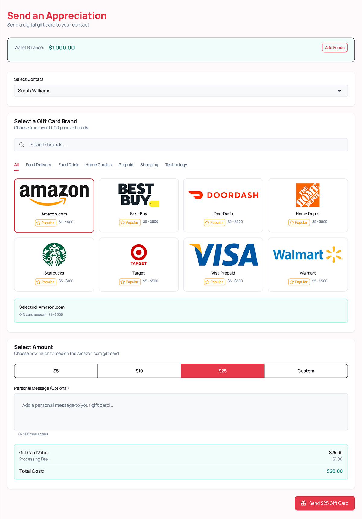 Cherry & Co. gift card sending interface